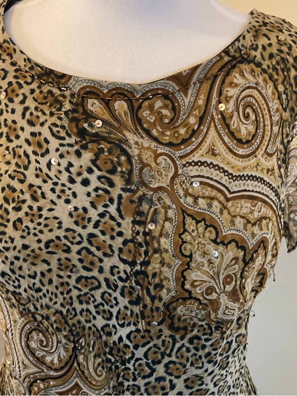 Robbie Bee 100% Silk Blouse Size 14 Paisley Leopard Print Luxury Short Sleeve - Picture 4 of 10